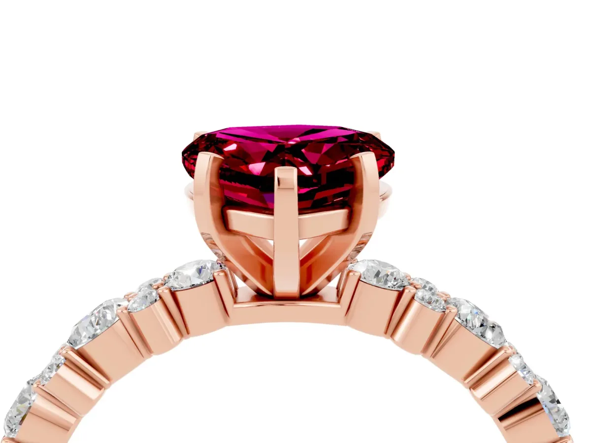 Heart Cut Garnet Side Stone Solitaire Ring with Round and Four-Prong Setting Rose gold
