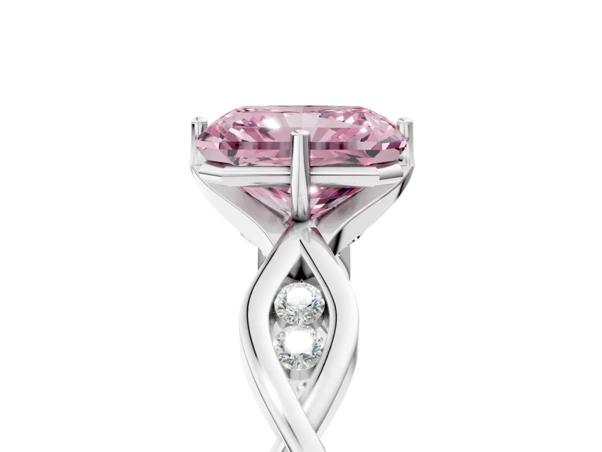 Fancy Pink Radiant Cut Solitaire Twist Band with Leaf Prong Setting Platinum