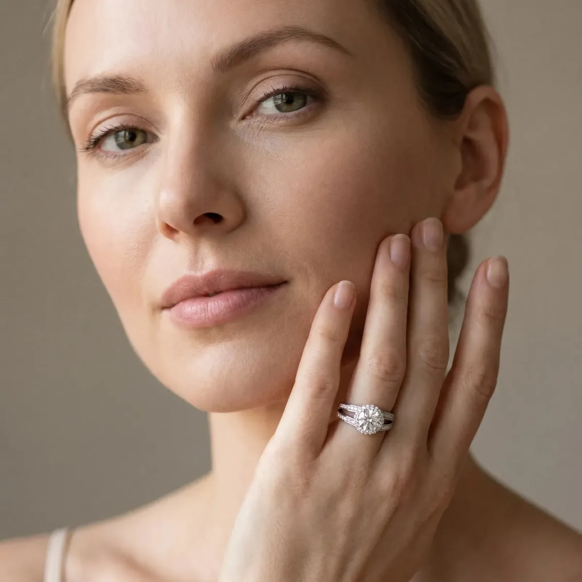 Asscher Cut Diamond Halo Ring with Split Shank Pavé Band and Four-Prong Setting Platinum