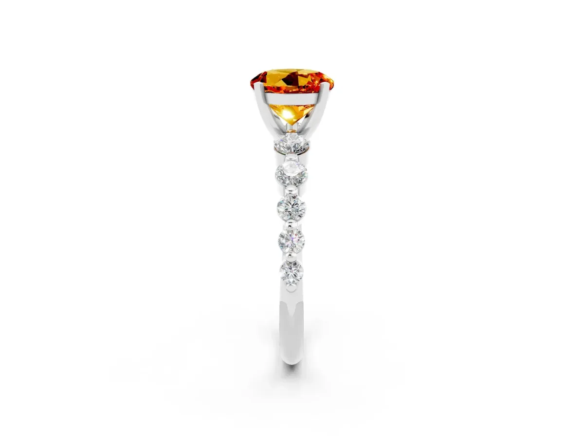Round Cut Solitaire Citrine Ring with Pave Band and Four-Prong Setting Platinum