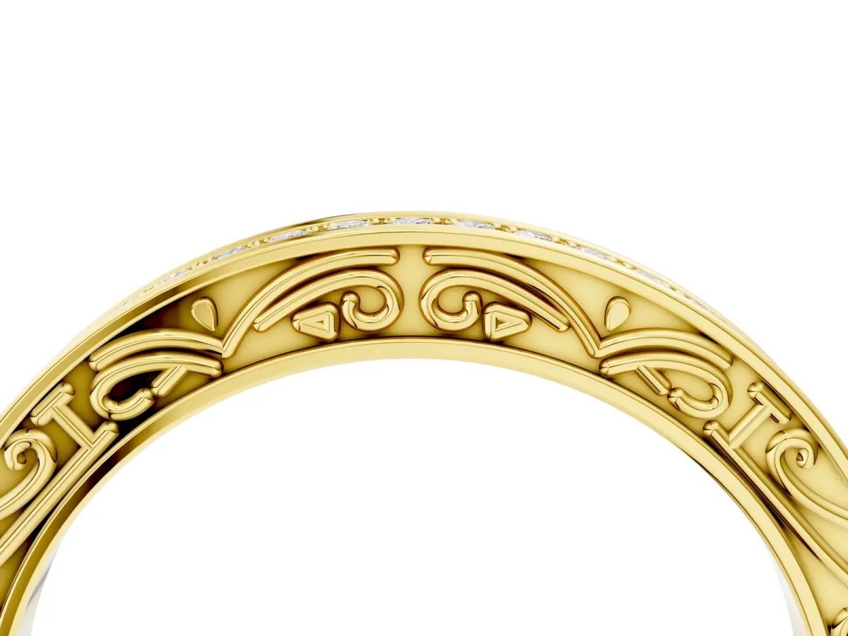 Channel Set Round Diamond Milgrain Engraved Band Yellow gold