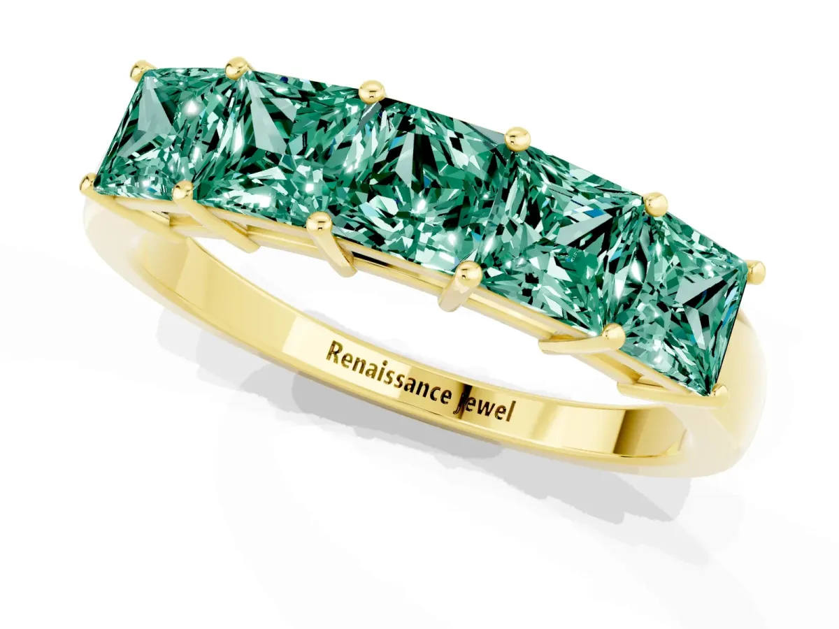 Princess Cut Five-Stone Green Sapphire Band with Prong Setting Yellow gold