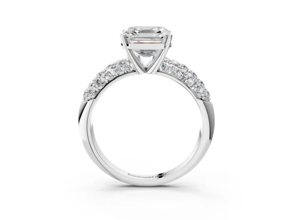 Asscher Cut Diamond Pavé Band Solitaire Ring with Four-Prong Setting Platinum