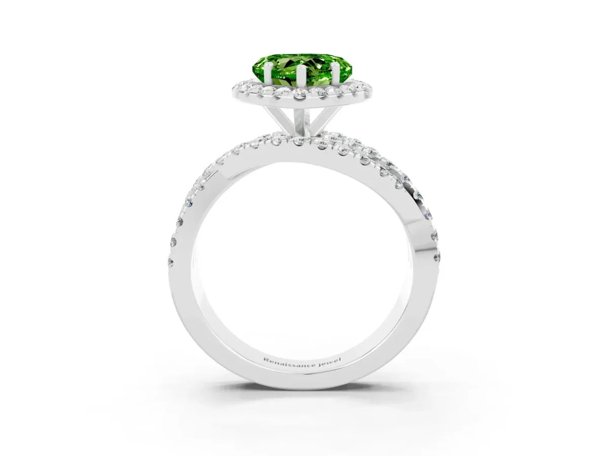 Heart Cut Peridot Halo Ring with Round Split Shank and Prong Setting Platinum