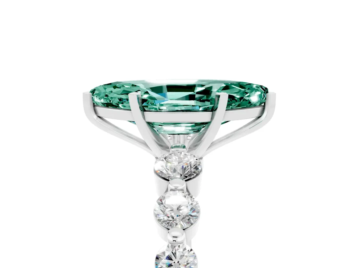 Marquise Cut Solitaire Green Sapphire Ring with Pave Band and Four-Prong Setting Silver