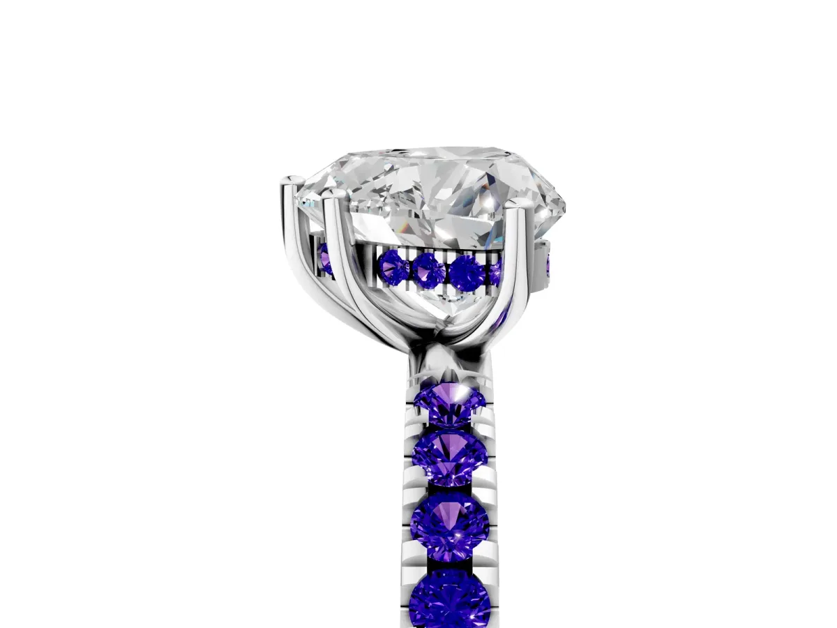 Heart Cut Diamond Pave Band Solitaire Ring with Round Tanzanite and Prong Setting Silver