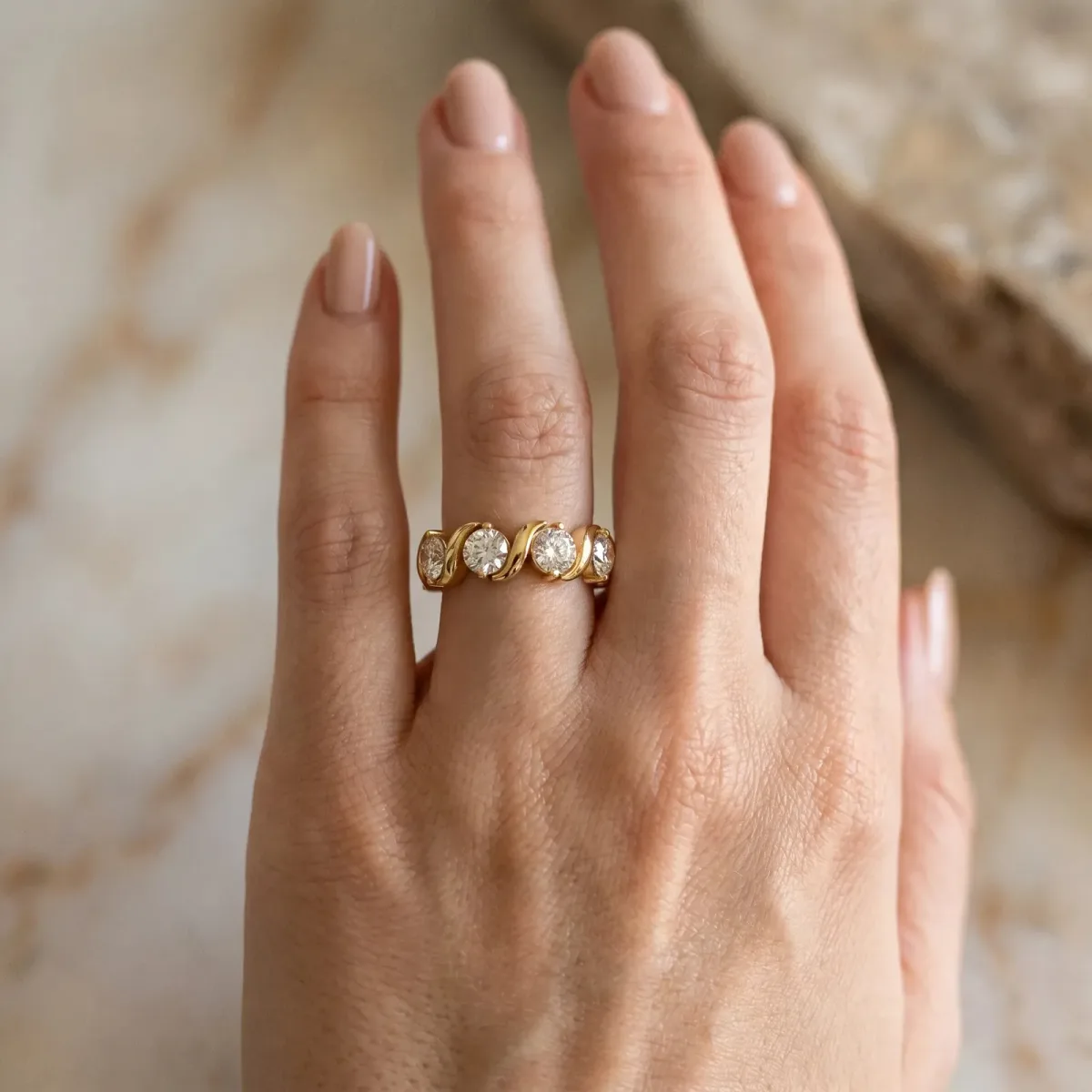 Six-Stone Round Diamond Wave Band with Shared Prong Setting Yellow gold