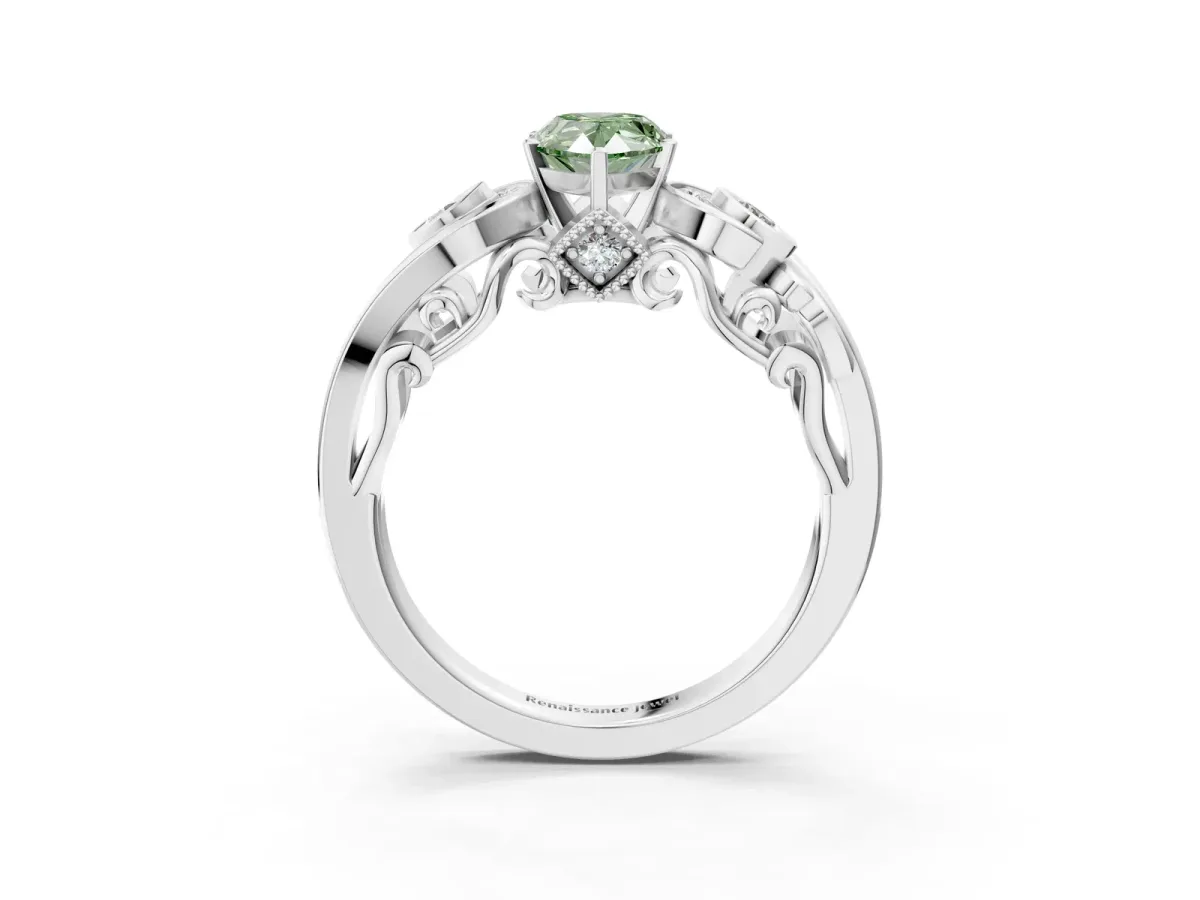 Fancy Green Pear Cut Diamond Solitaire Ring with Milgrain Pavé Band and Four-Prong Setting Silver