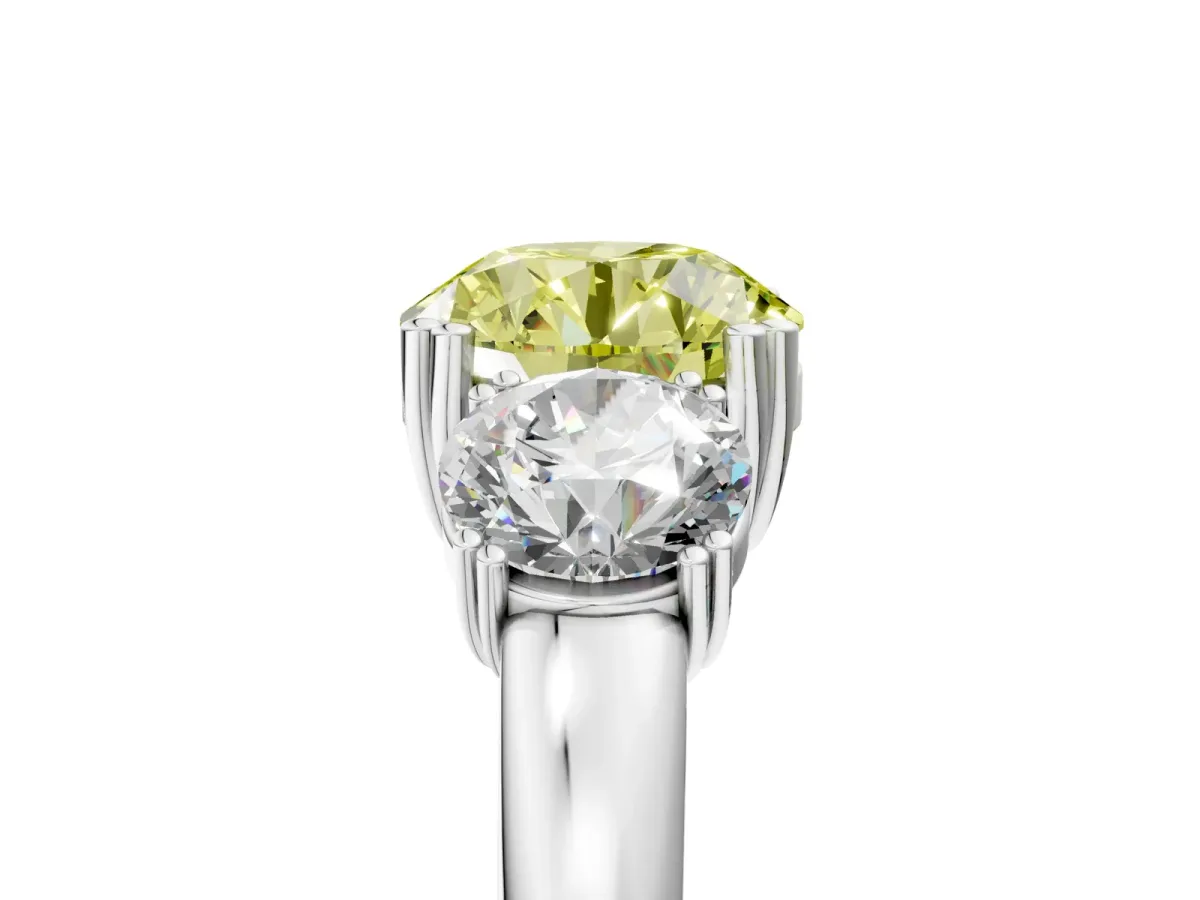 Fancy Yellow Three-Stone Round Cut Cut Diamond Ring with Channel Set Band and Four-Prong Setting Silver