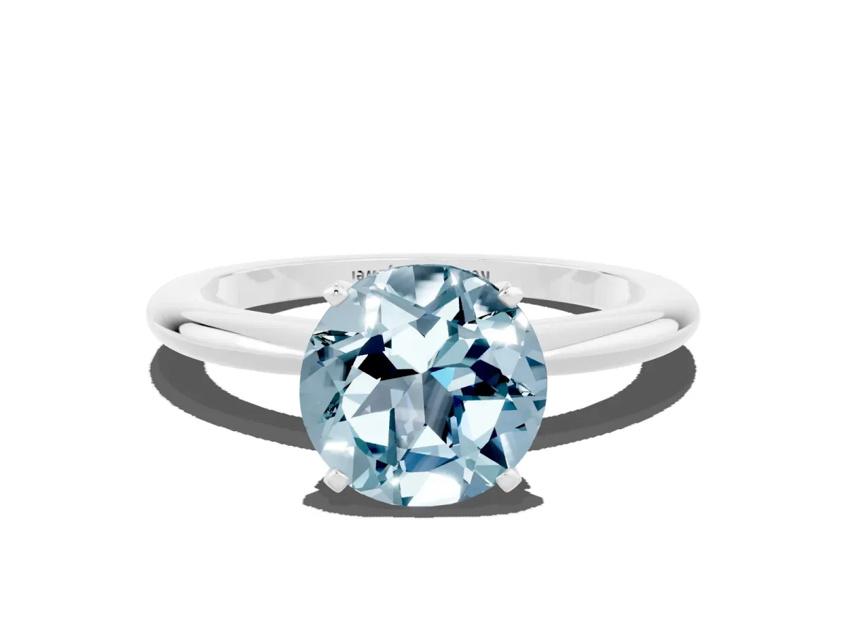 Round Cut Aquamarine Solitaire Ring with Six-Prong Setting and Classic Band Silver