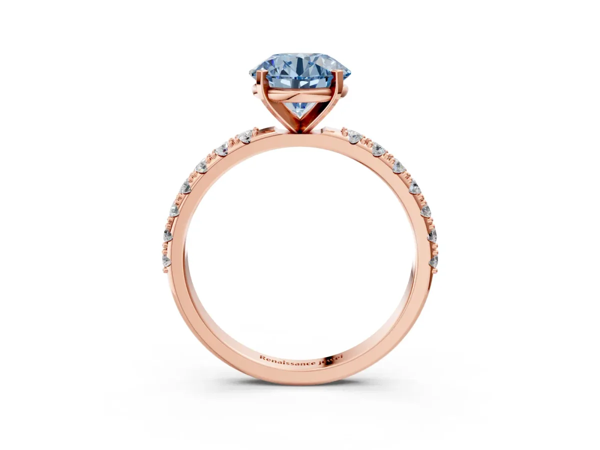 Fancy Blue Round Cut Diamond Solitaire Pavé Band with Four-Prong Setting Rose gold