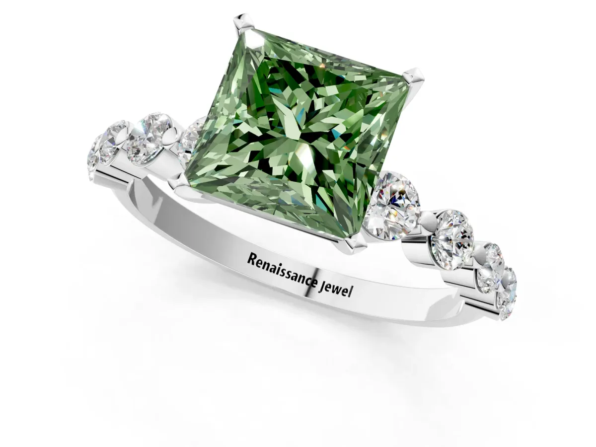 Fancy Green Princess Cut Solitaire Diamond Ring with Pave Band and Four-Prong Setting Silver