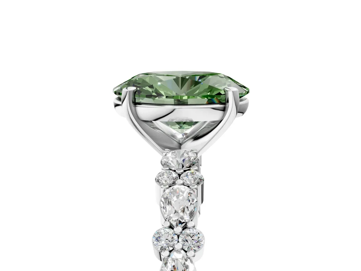 Fancy Green Oval Cut Diamond Side Stone Solitaire Ring with Round and Four-Prong Setting Platinum