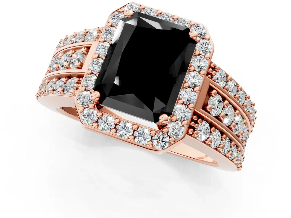 Fancy Black Radiant Cut Halo Diamond Ring with Round Split Shank and Prong Setting Rose gold