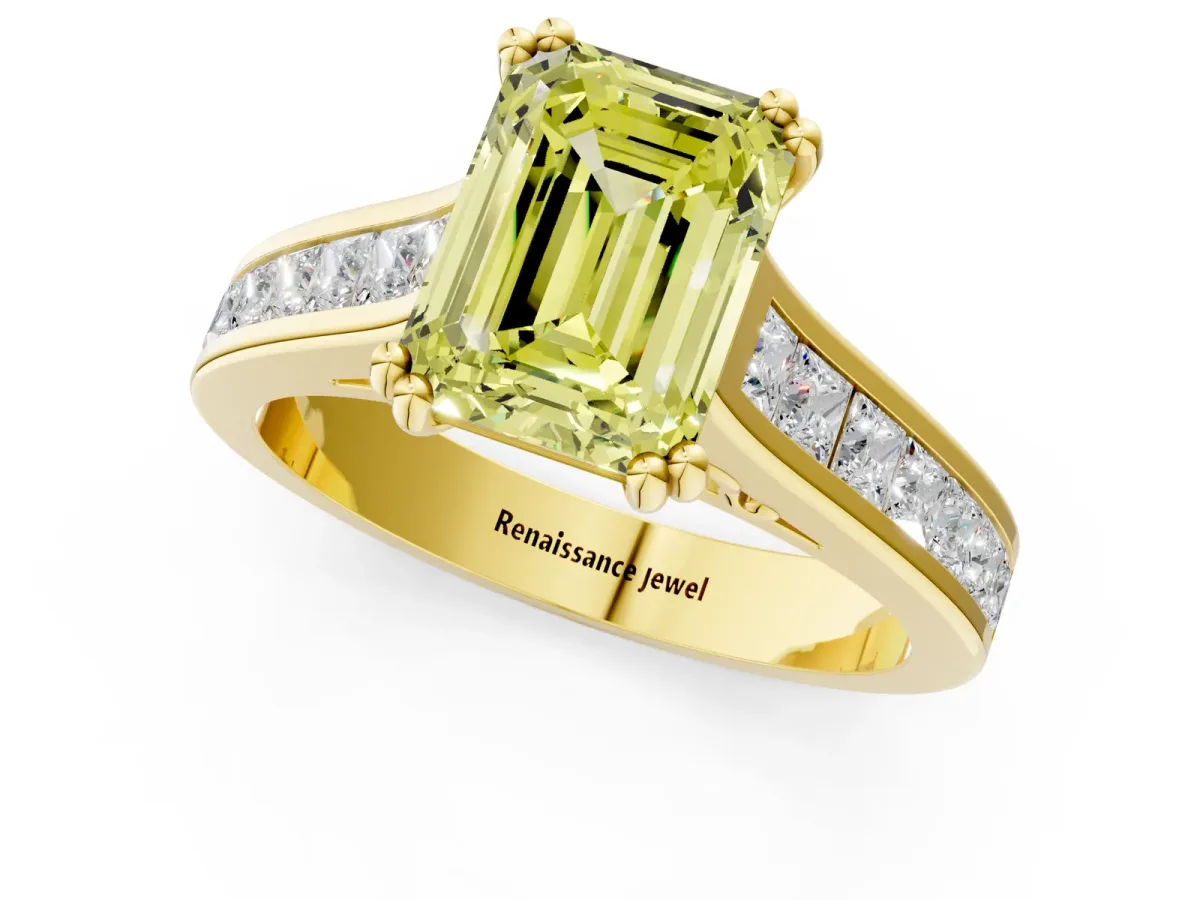 Fancy Yellow Emerald Cut Cut Channel Set Solitaire Engagement Ring with Prong Setting Yellow gold
