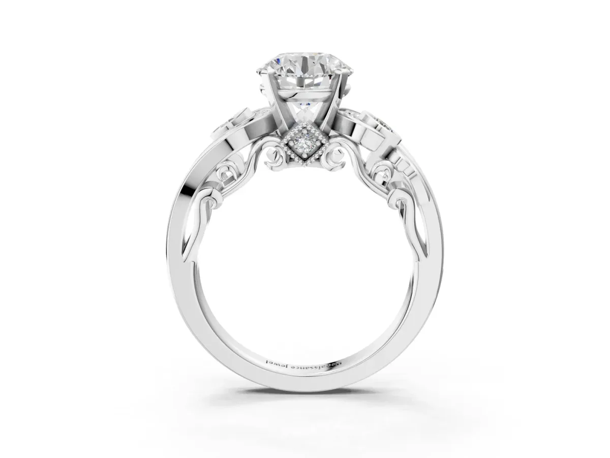 Round Cut Diamond Solitaire Ring with Milgrain Pavé Band and Four-Prong Setting Silver