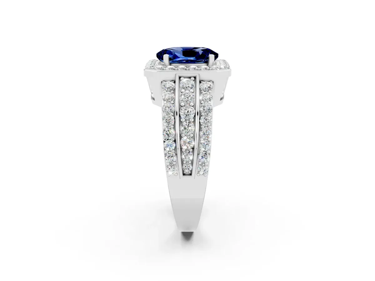 Oval Cut Halo Blue Sapphire Ring with Round Split Shank and Prong Setting Platinum