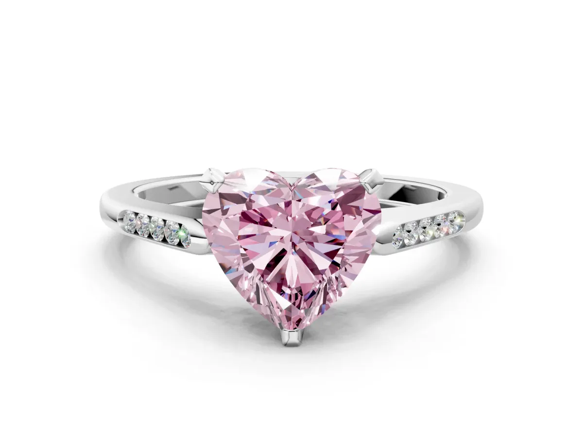 Fancy Pink Heart Cut Diamond Solitaire Ring with Channel Set Round Band and Prong Setting Silver