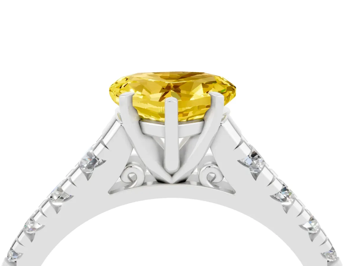 Heart Cut Yellow Sapphire Cathedral Solitaire Ring with Round Pavé Band Silver