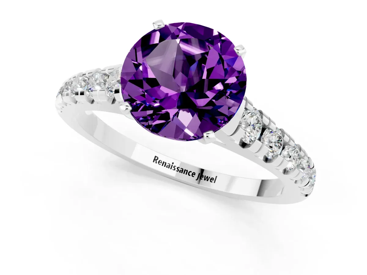 Round Cut Amethyst Cathedral Solitaire Ring with Round Pavé Band Platinum