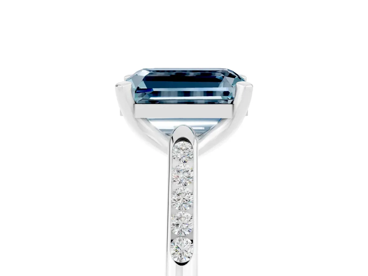 Emerald Cut Aquamarine Solitaire Ring with Channel Set Round Band and Prong Setting Silver