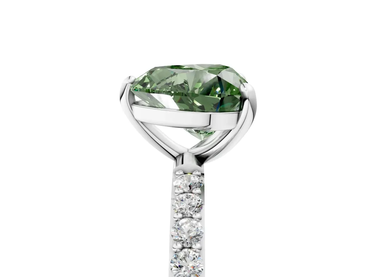 Fancy Green Heart Cut Diamond Solitaire Ring with Round Pavé Band and Prong Setting Silver