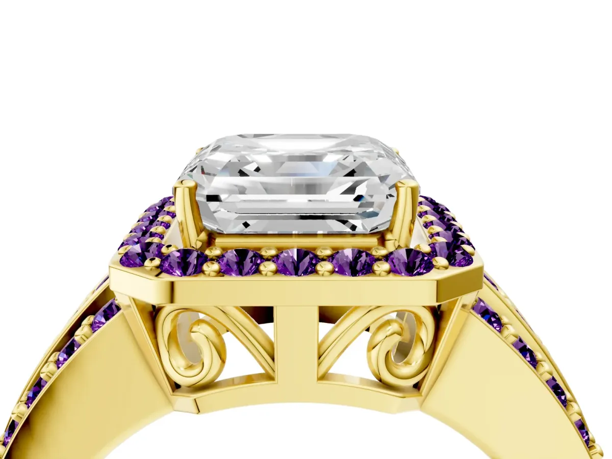 Asscher Cut Halo Diamond Ring with Round Amethyst Split Shank and Prong Setting Yellow gold