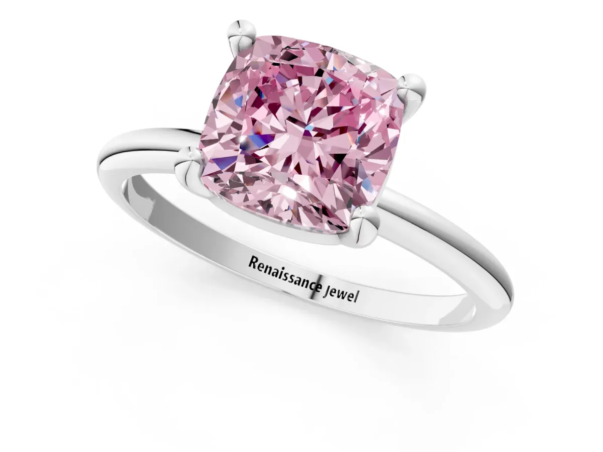 Fancy Pink Cushion Cut Solitaire Diamond Ring with 4-Prong Setting on a Classic Band Silver