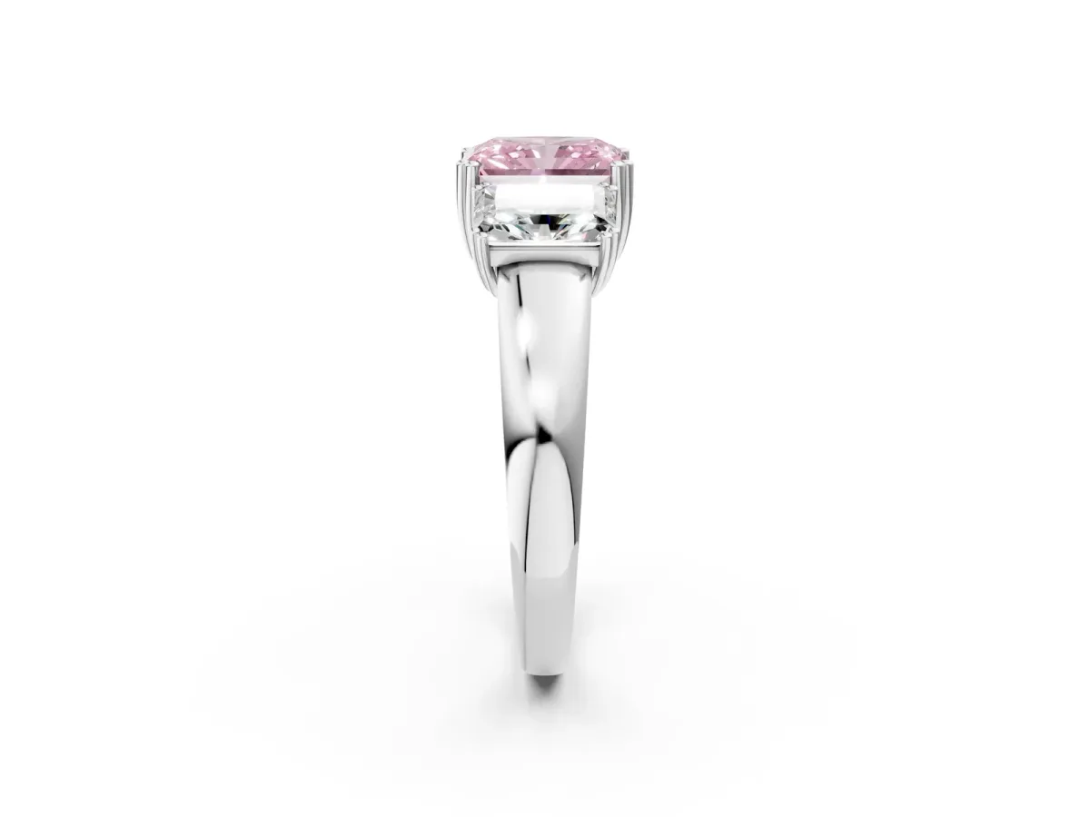 Fancy Pink Three-Stone Radiant Cut Cut Diamond Ring with Channel Set Band and Four-Prong Setting Silver