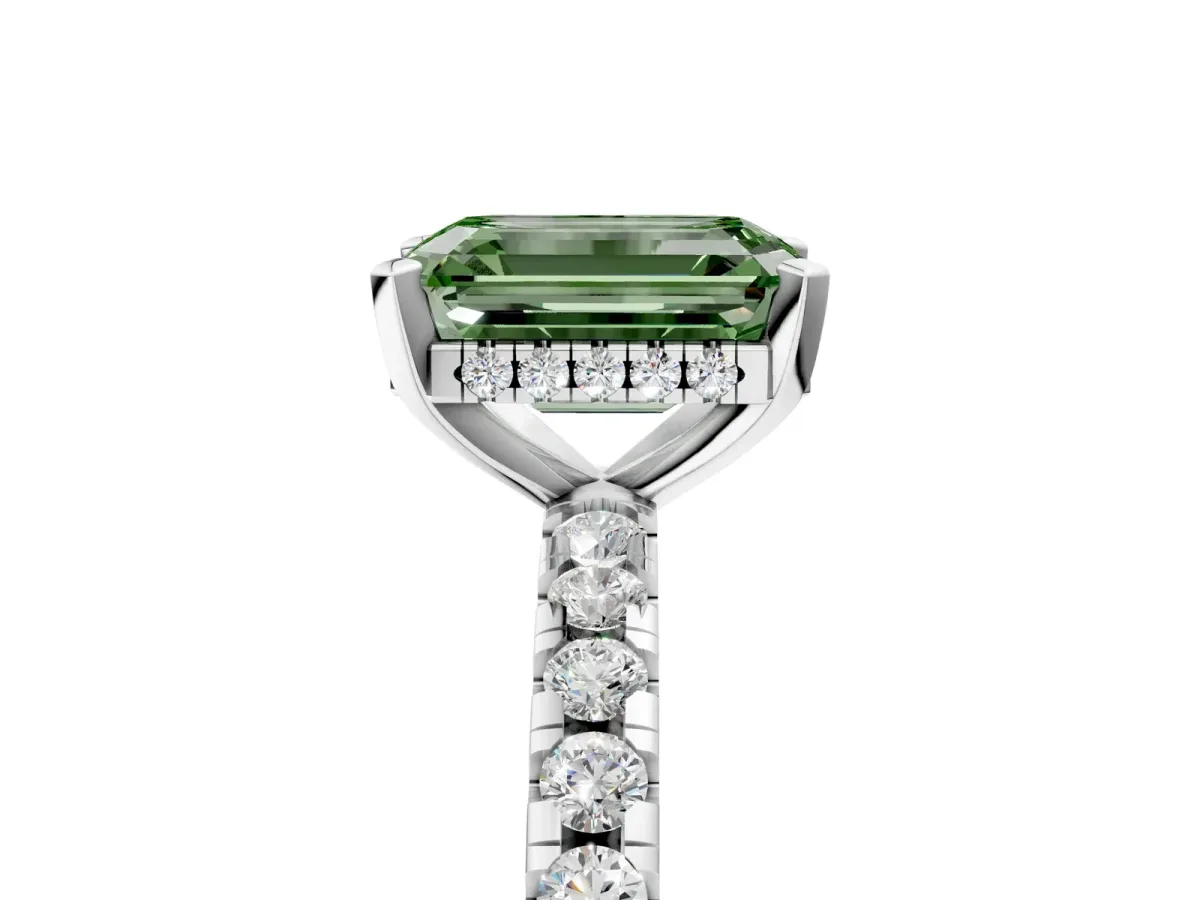 Fancy Green Emerald Cut Diamond Solitaire Ring with Round Pavé Band and Four-Prong Setting Silver
