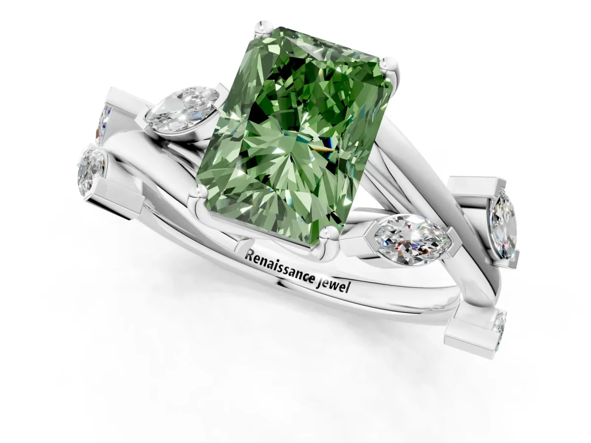 Fancy Green Radiant Cut Solitaire Twisted Band Marquise Accent Prong Setting Ring Platinum