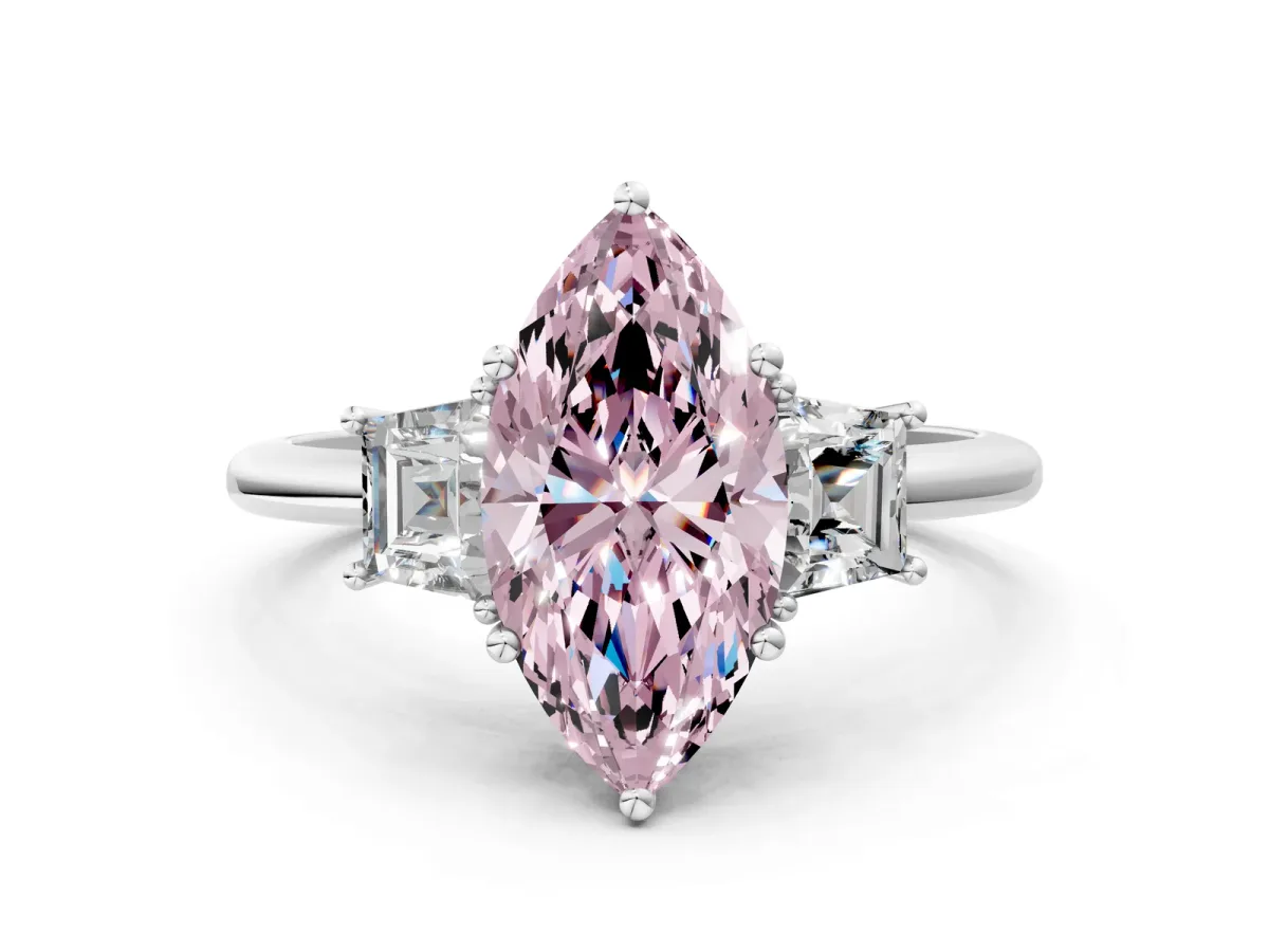 Fancy Pink Marquise Cut Diamond Three-Stone Ring with Trapezoid Side Stones and Prong Setting Silver