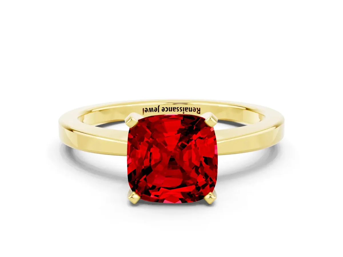 Cushion Cut Ruby Solitaire Engagement Ring with Classic Band and Four-Prong Setting Yellow gold