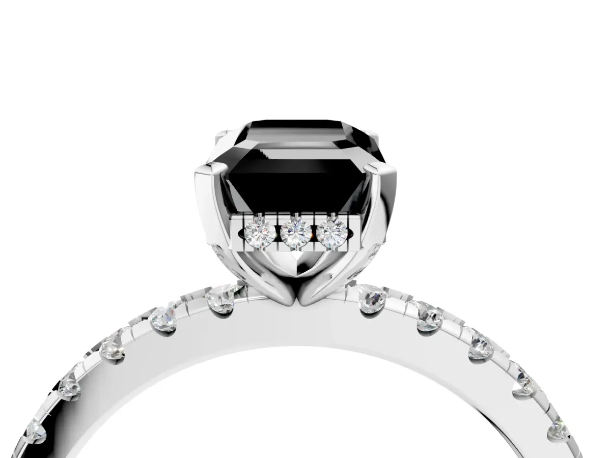 Fancy Black Emerald Cut Diamond Solitaire Ring with Round Pavé Band and Four-Prong Setting Silver