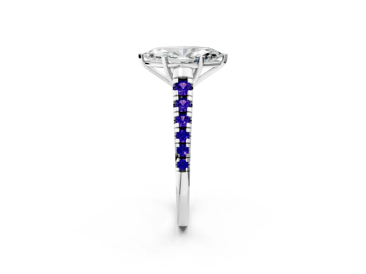 Marquise Cut Diamond Cathedral Solitaire Ring with Round Tanzanite Pavé Band Silver