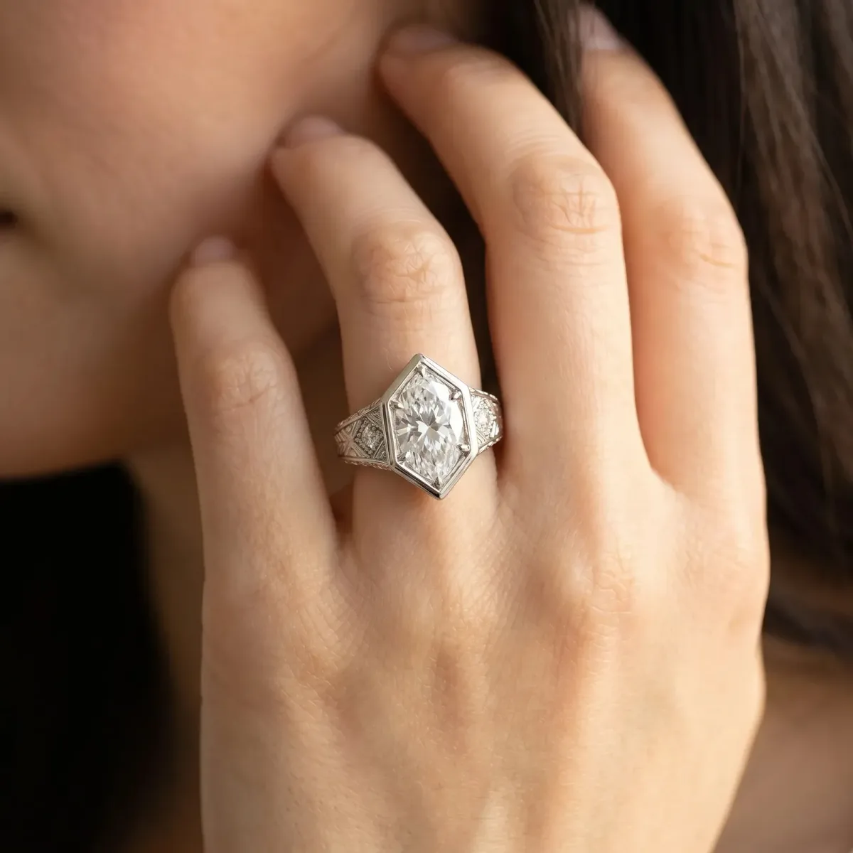 Hexagonal Bezel Marquise Cut Diamond Engraved Band Prong Ring Platinum