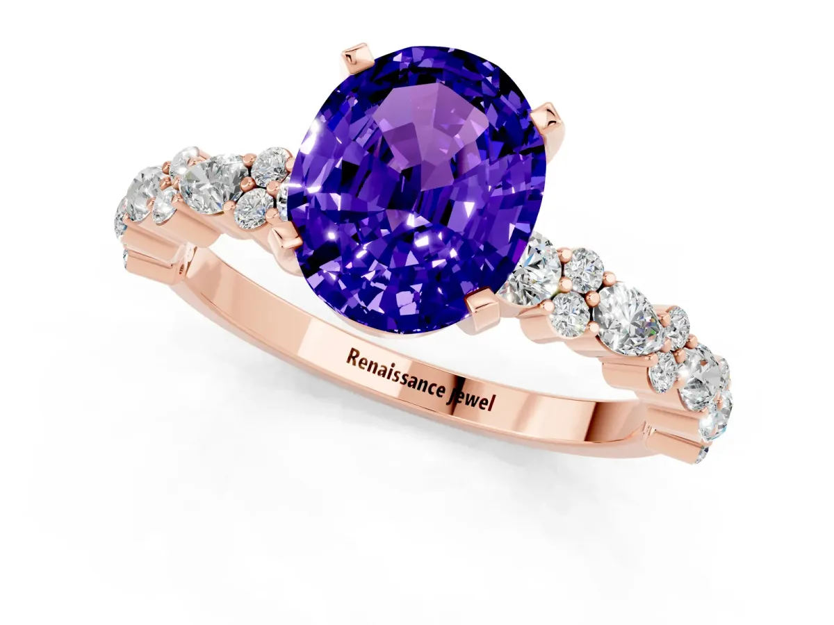 Oval Cut Tanzanite Side Stone Solitaire Ring with Round and Four-Prong Setting Rose gold