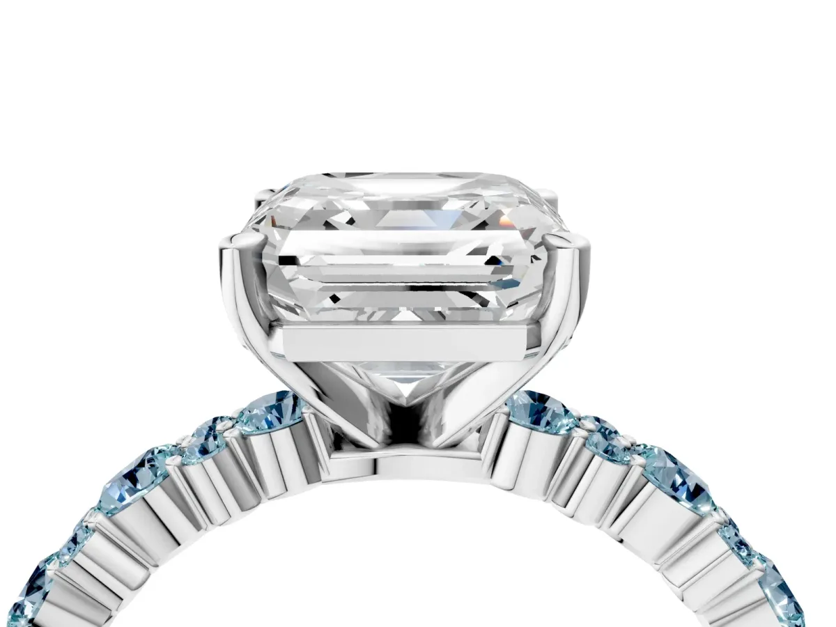 Asscher Cut Diamond Side Stone Solitaire Ring with Round Aquamarine and Four-Prong Setting Silver
