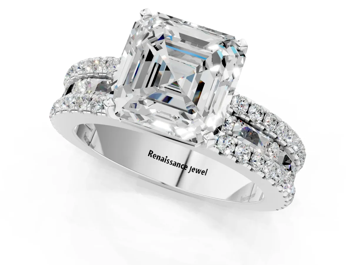 Asscher Cut Diamond Solitaire Ring with Pavé and Channel Set Band Platinum