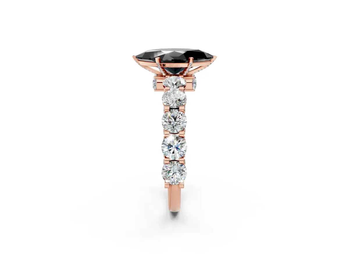 Fancy Black Marquise Cut Diamond Side Stone Engagement Ring with Four-Prong Setting Rose gold