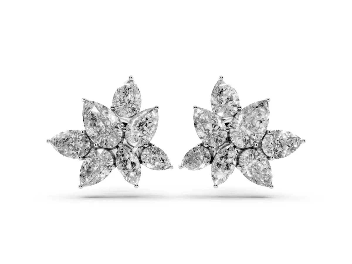 Pear and Marquise Diamond Floral Cluster Stud Earrings Platinum
