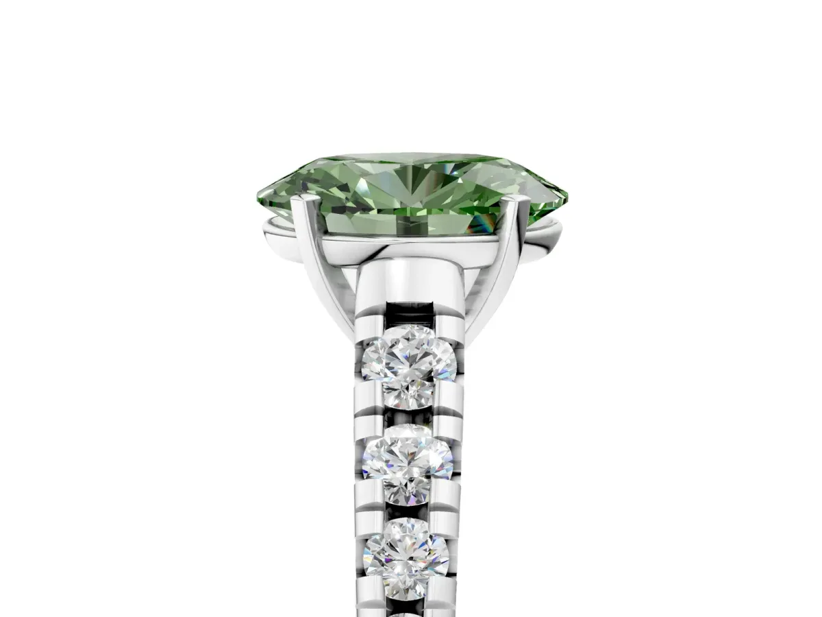Fancy Green Oval Cut Diamond Cathedral Solitaire Ring with Round Pavé Band Silver