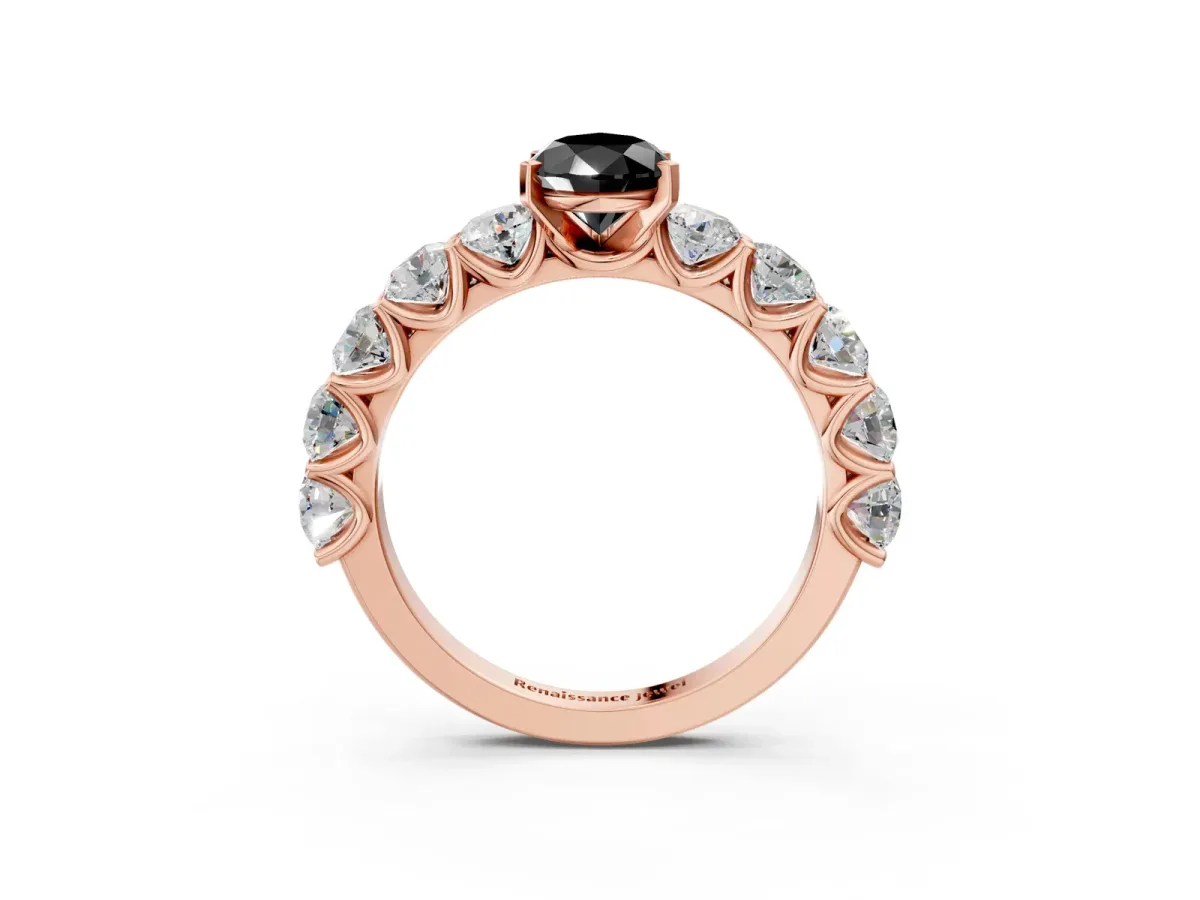 Fancy Black Pear Cut Diamond Prong Setting with Side Stones on a Pave Band Rose gold