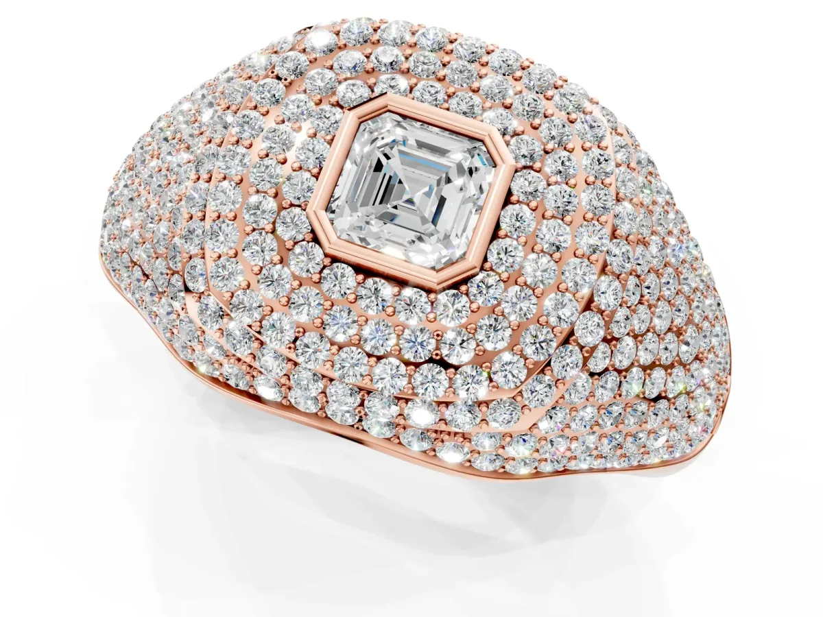 Asscher Cut Diamond Bezel Set Pavé Dome Mens Ring Rose gold