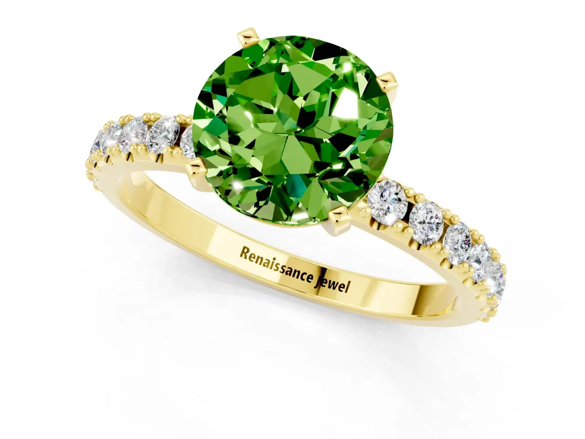 Round Cut Peridot Solitaire Pavé Band with Four-Prong Setting Yellow gold