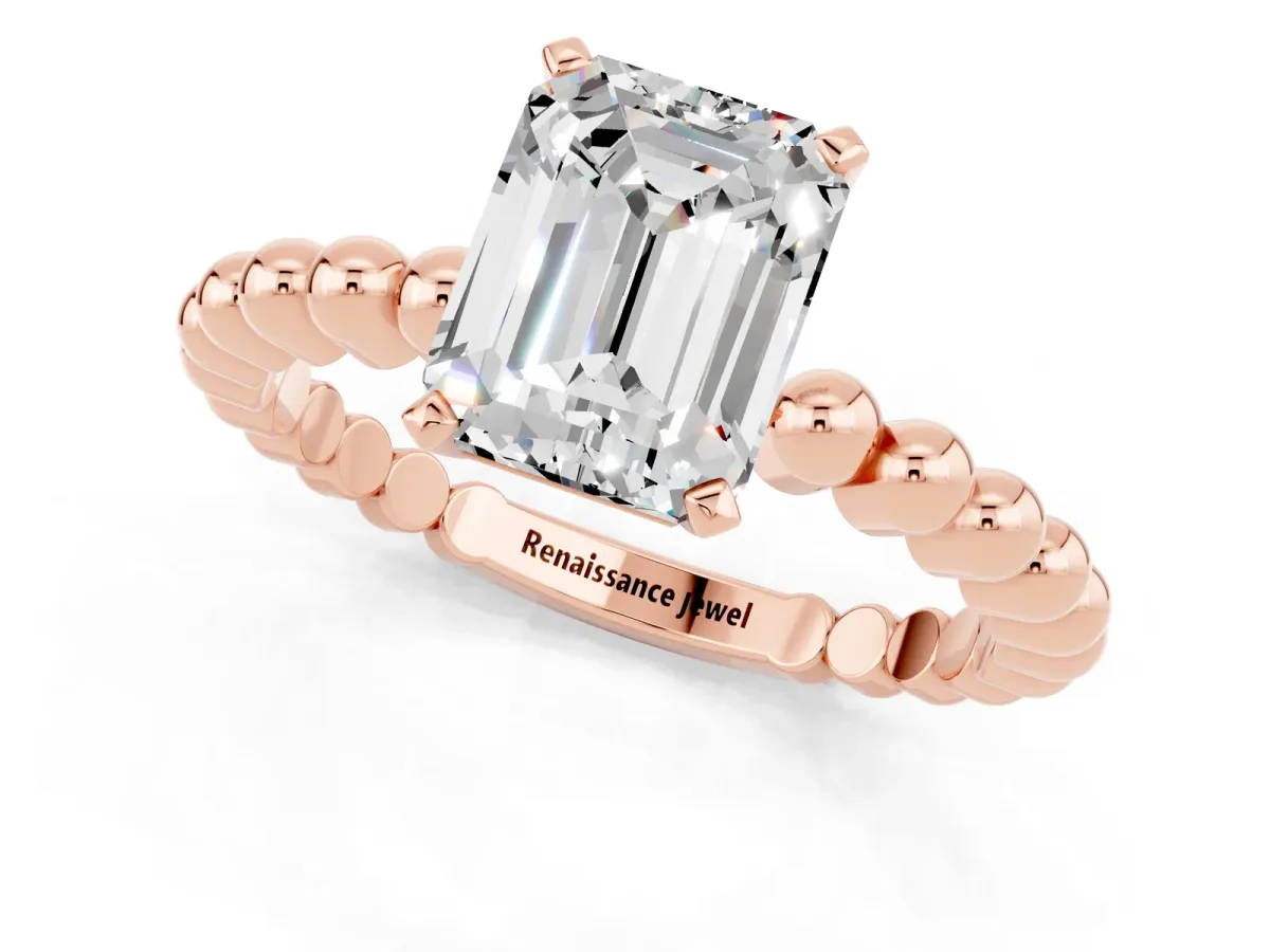 Emerald Cut Moissanite Solitaire Ring with Beaded Band and Prong Setting Rose gold
