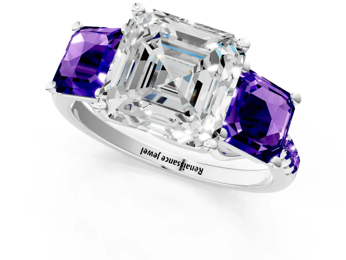 Three-Stone Asscher Cut Diamond Ring with Round Tanzanite Pavé Band and Prong Setting Silver