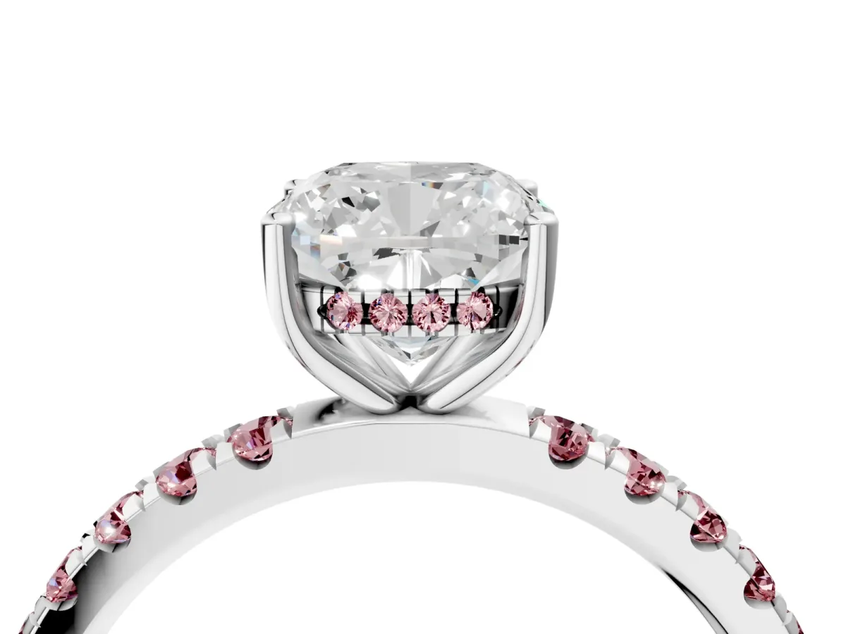 Cushion Cut Diamond Pave Band Solitaire Ring with Round Morganite and Prong Setting Silver