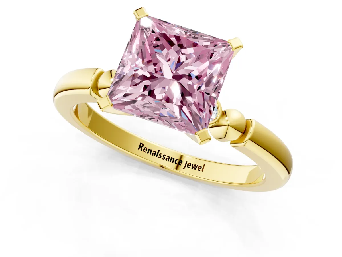 Fancy Pink Princess Cut Solitaire Beaded Band with Four-Prong Setting Yellow gold