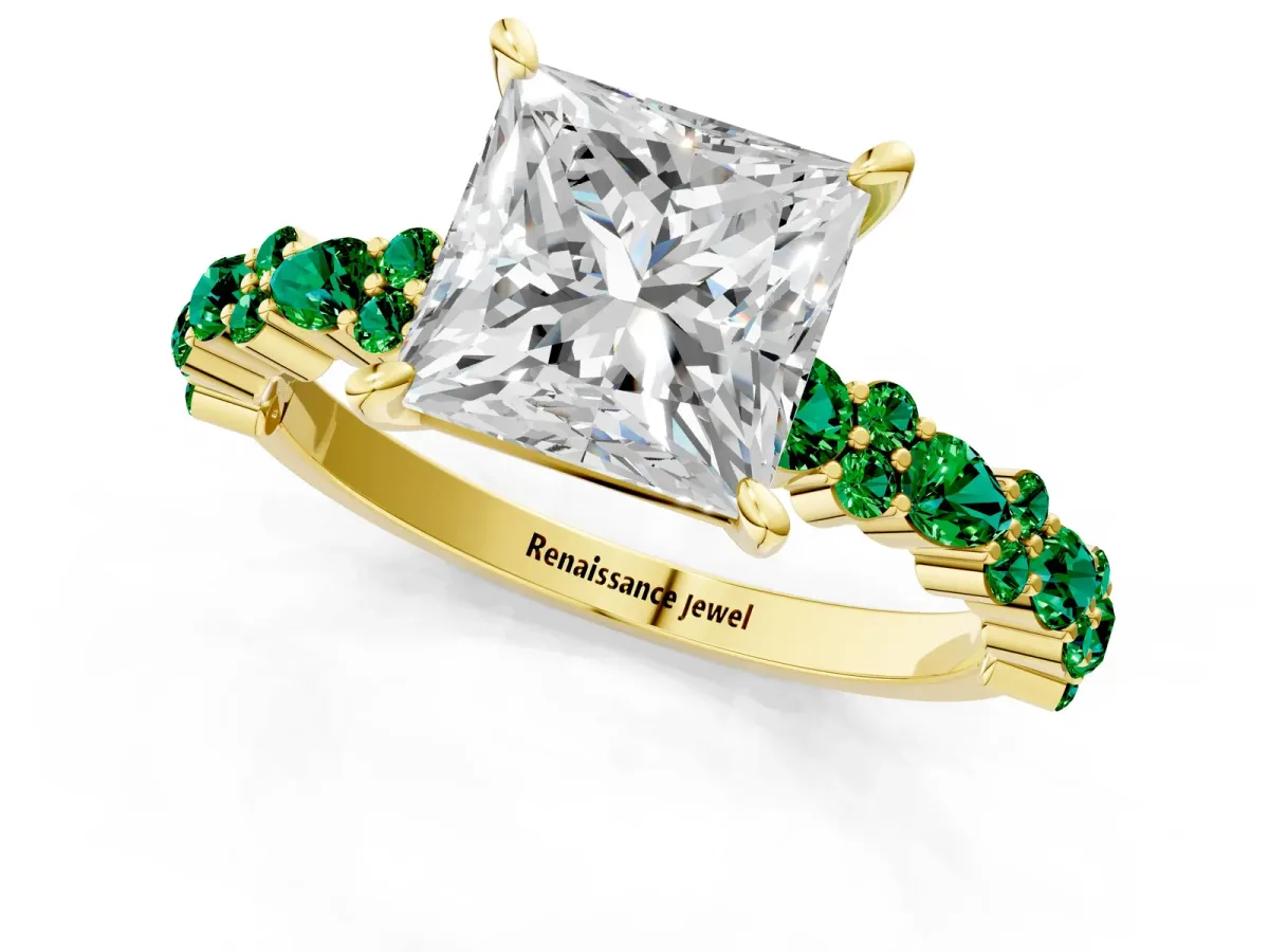 Princess Cut Diamond Side Stone Solitaire Ring with Round Emerald and Four-Prong Setting Yellow gold